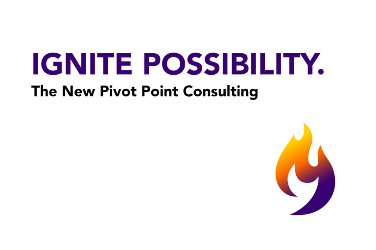 White background with Pivot Point Flame logo in purple orange and gold with text Ignite Possibility: The New Pivot Point Consulting